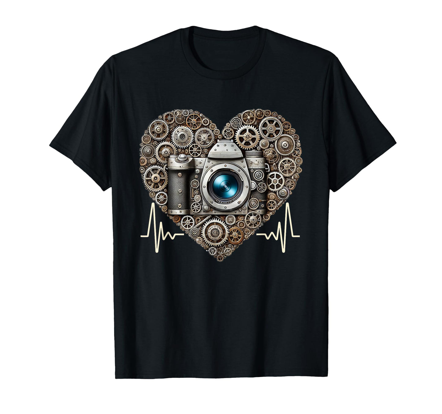 Photographer Heartbeat Steampunk Camera T-Shirt - Graphic Print for Adults - T-Shirt, Sweatshirt, Hoodie