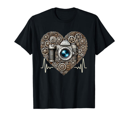 Photographer Heartbeat Steampunk Camera T-Shirt - Graphic Print for Adults - T-Shirt, Sweatshirt, Hoodie