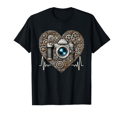 Photographer Heartbeat Steampunk Camera T-Shirt - Graphic Print for Adults - T-Shirt, Sweatshirt, Hoodie