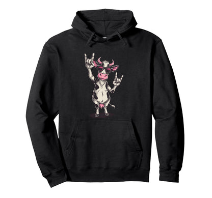 Cow Sunglasses Double Rock Signs Punk Hoodie - Fun Novelty Design Unisex - T-Shirt, Sweatshirt, Hoodie