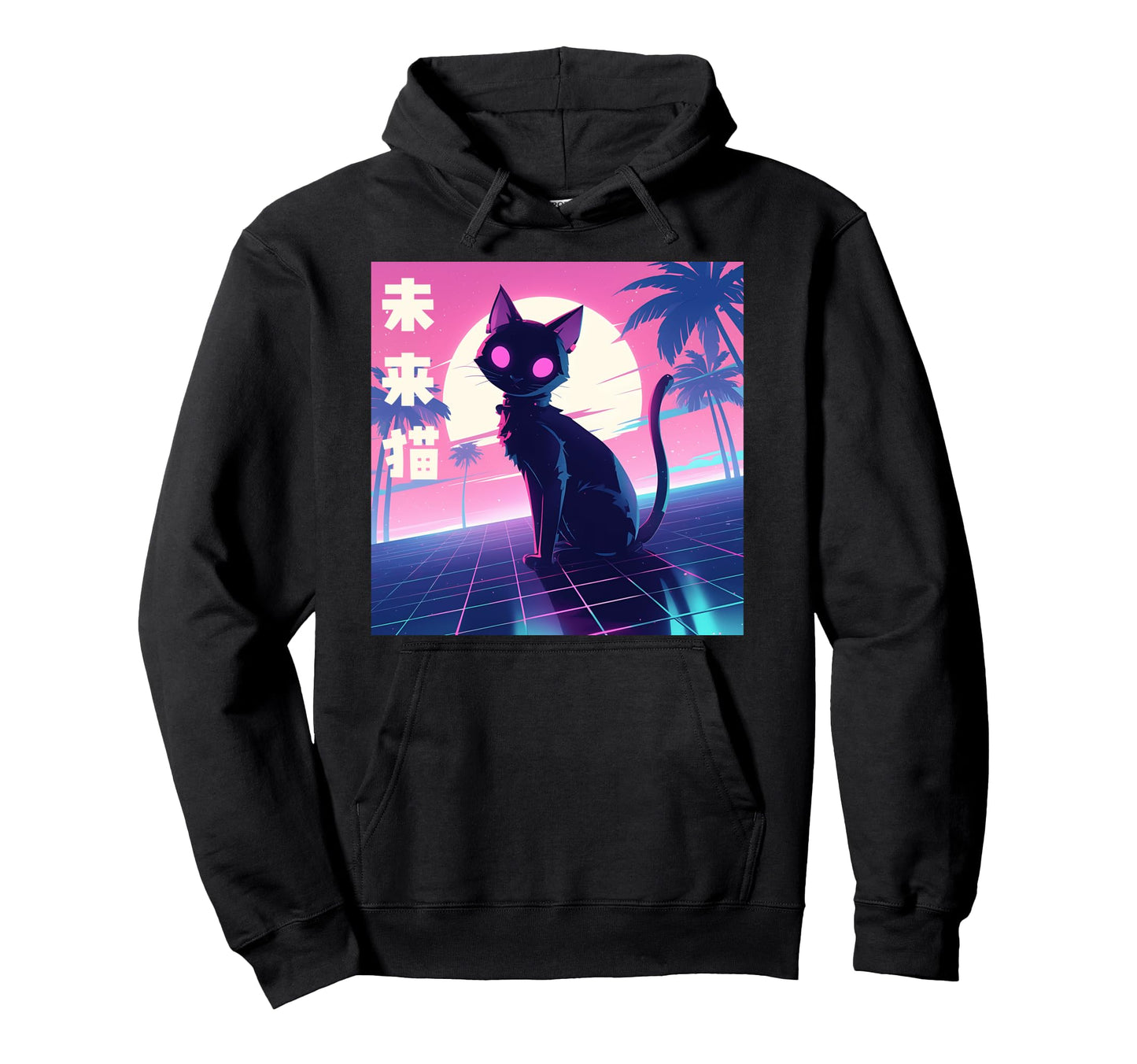 Vaporwave Cat Sunset Palm Trees 80S Hoodie - Graphic Print for Adults - T-Shirt, Sweatshirt, Hoodie