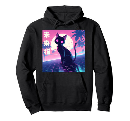 Vaporwave Cat Sunset Palm Trees 80S Hoodie - Graphic Print for Adults - T-Shirt, Sweatshirt, Hoodie