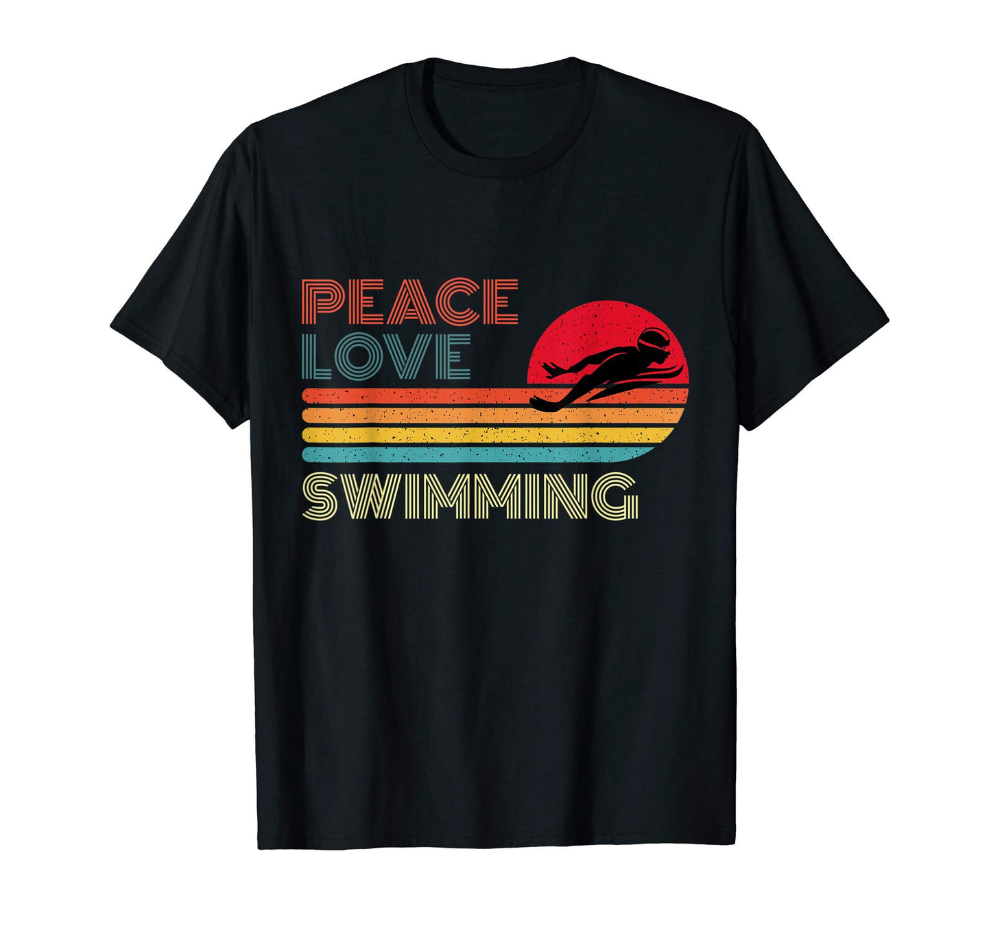 Peace Love Swimming Striped Sunset T-Shirt - Fun Novelty Design for Adults - T-Shirt, Sweatshirt, Hoodie