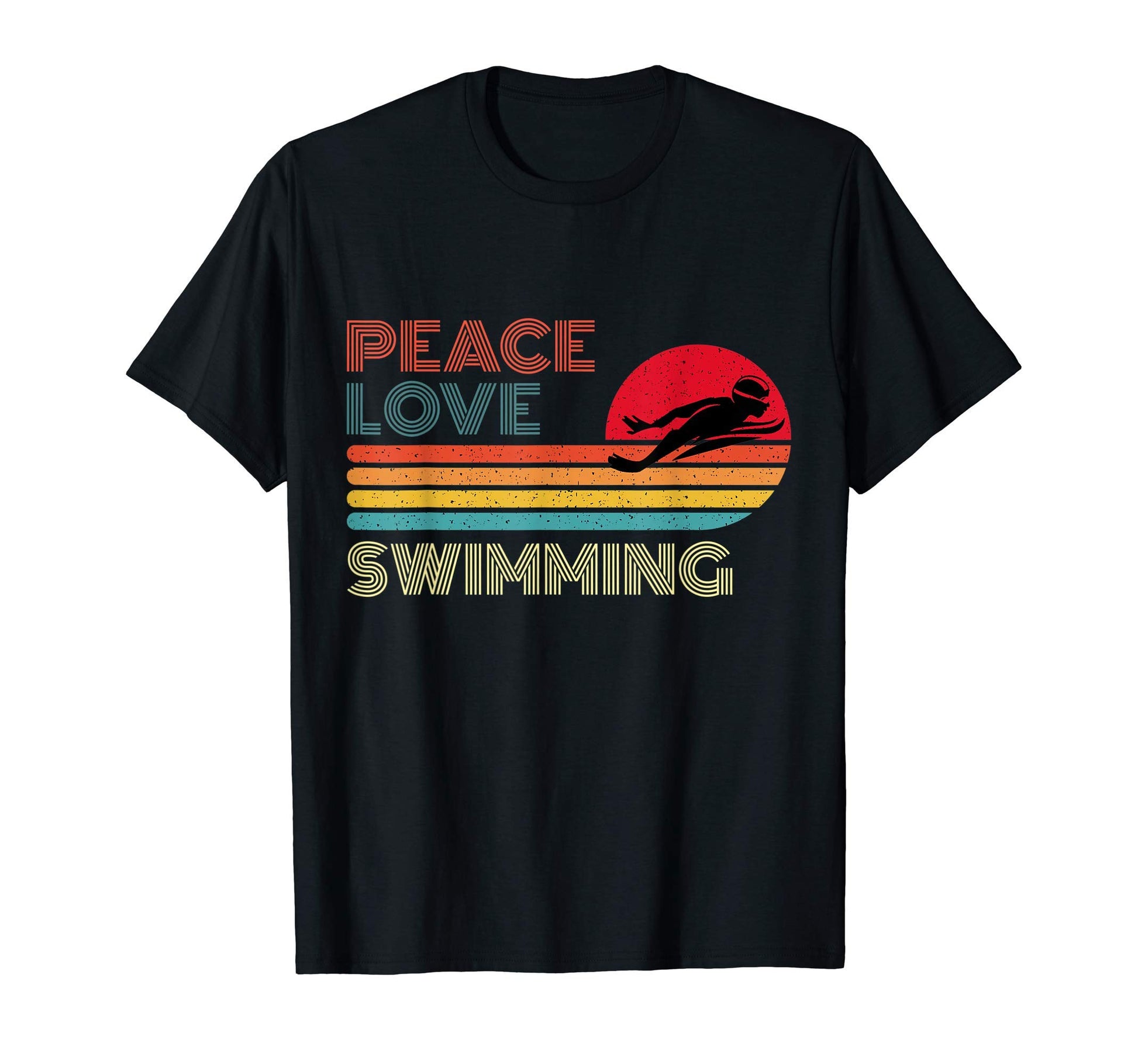 Peace Love Swimming Striped Sunset T-Shirt - Fun Novelty Design for Adults - T-Shirt, Sweatshirt, Hoodie
