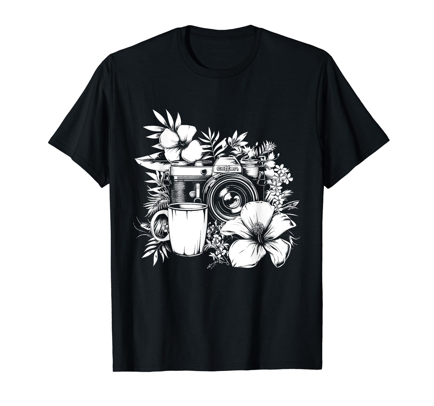 Photographer Coffee Camera Flowers T-Shirt - Minimalist Print Men Women - T-Shirt, Sweatshirt, Hoodie