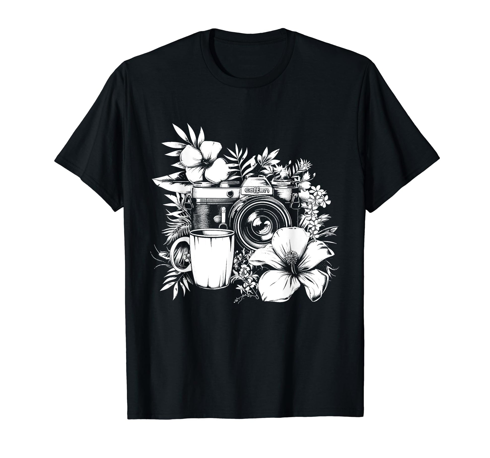 Photographer Coffee Camera Flowers T-Shirt - Minimalist Print Men Women - T-Shirt, Sweatshirt, Hoodie