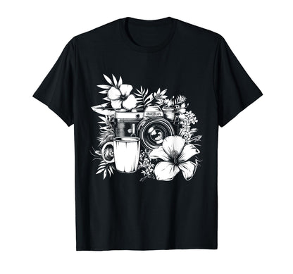 Photographer Coffee Camera Flowers T-Shirt - Minimalist Print Men Women - T-Shirt, Sweatshirt, Hoodie