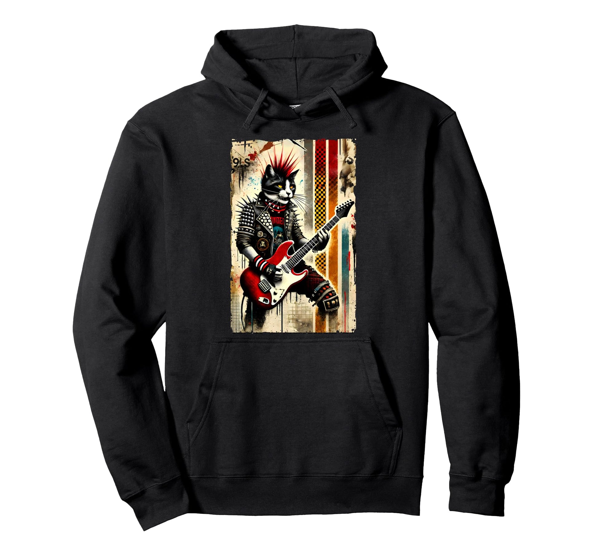 Distressed Cat Playing Guitar 90S Punk Hoodie - Novelty Apparel for Adults - T-Shirt, Sweatshirt, Hoodie