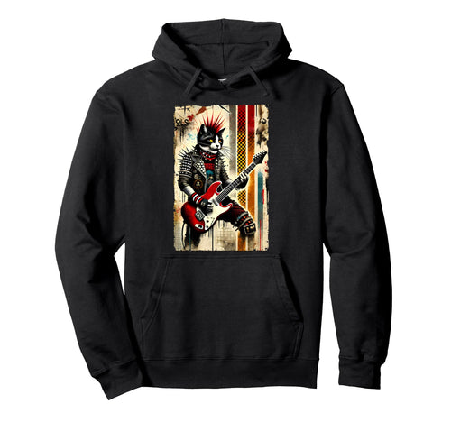 Distressed Cat Playing Guitar 90S Punk Hoodie - Novelty Apparel for Adults - T-Shirt, Sweatshirt, Hoodie