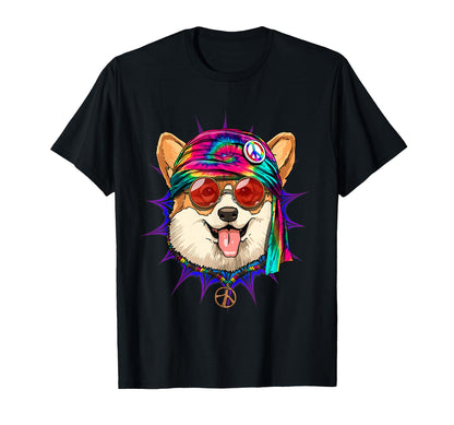 Tie Dye Hippie Corgi Hippiness Peace Love T-Shirt - Novelty Apparel Unisex - T-Shirt, Sweatshirt, Hoodie