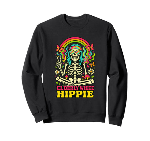 Elderly White Hippie Skeleton Sweatshirt - Unique Graphic for Adults - T-Shirt, Sweatshirt, Hoodie