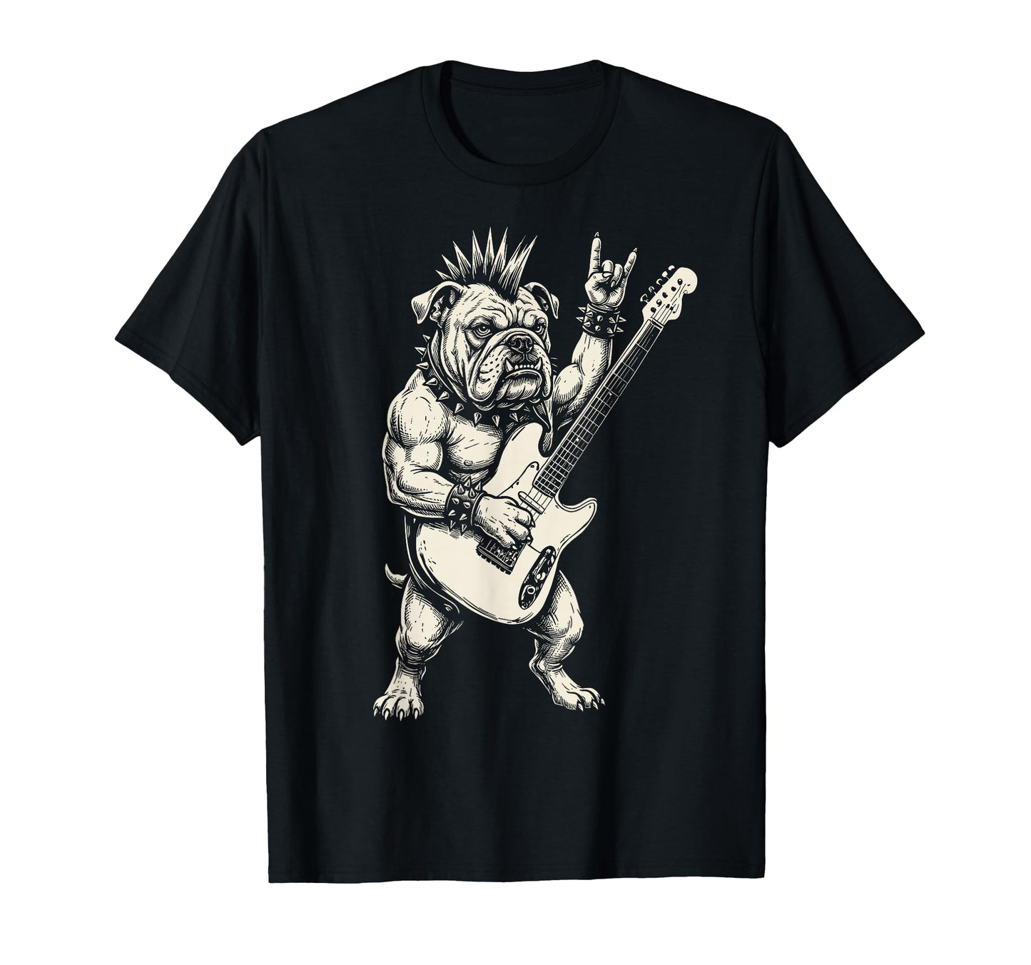 Funny Bulldog Dog Playing Guitar Rock T-Shirt - Novelty Apparel for Adults - T-Shirt, Sweatshirt, Hoodie
