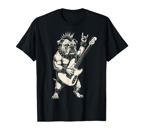 Funny Bulldog Dog Playing Guitar Rock T-Shirt - Novelty Apparel for Adults - T-Shirt, Sweatshirt, Hoodie