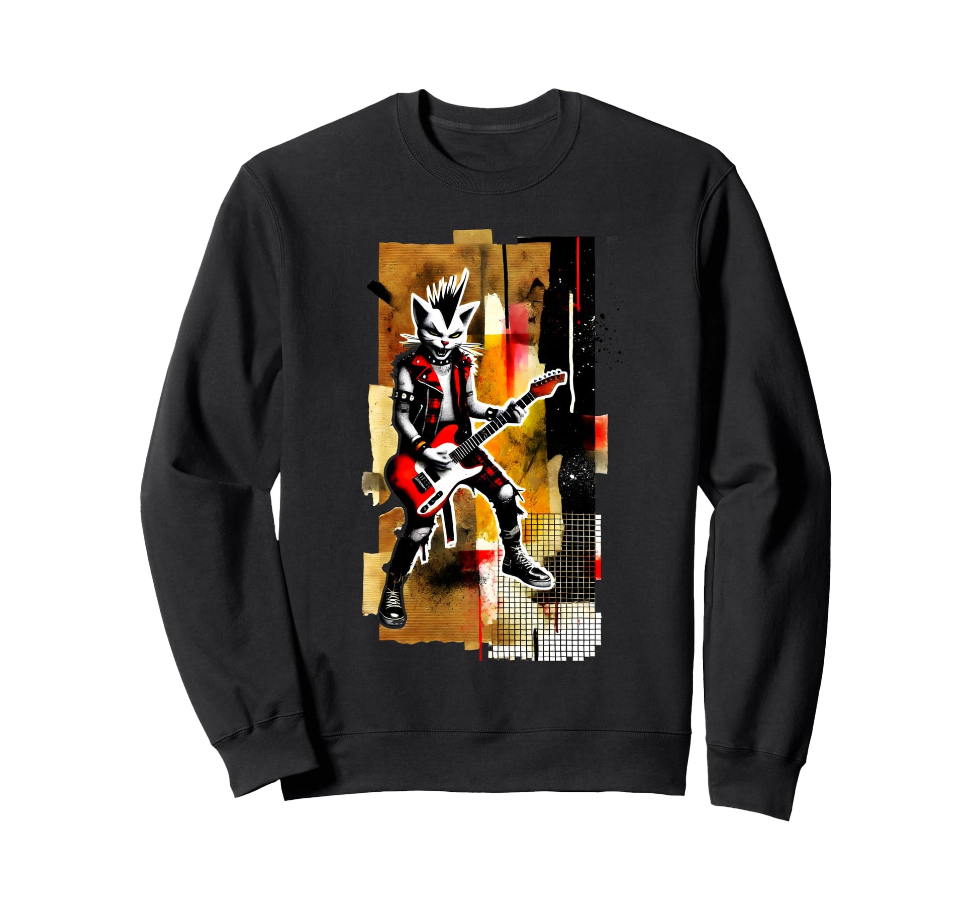 Distressed Cat Playing Guitar Punk Sweatshirt - Unique Graphic Men Women - T-Shirt, Sweatshirt, Hoodie