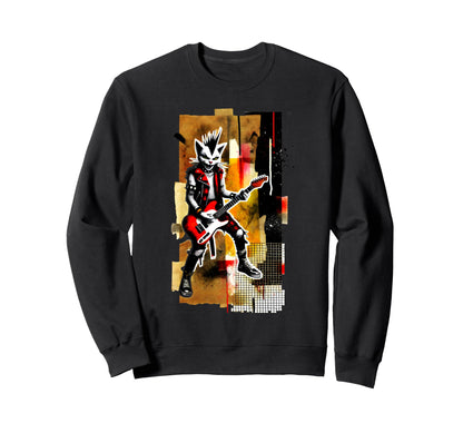 Distressed Cat Playing Guitar Punk Sweatshirt - Unique Graphic Men Women - T-Shirt, Sweatshirt, Hoodie