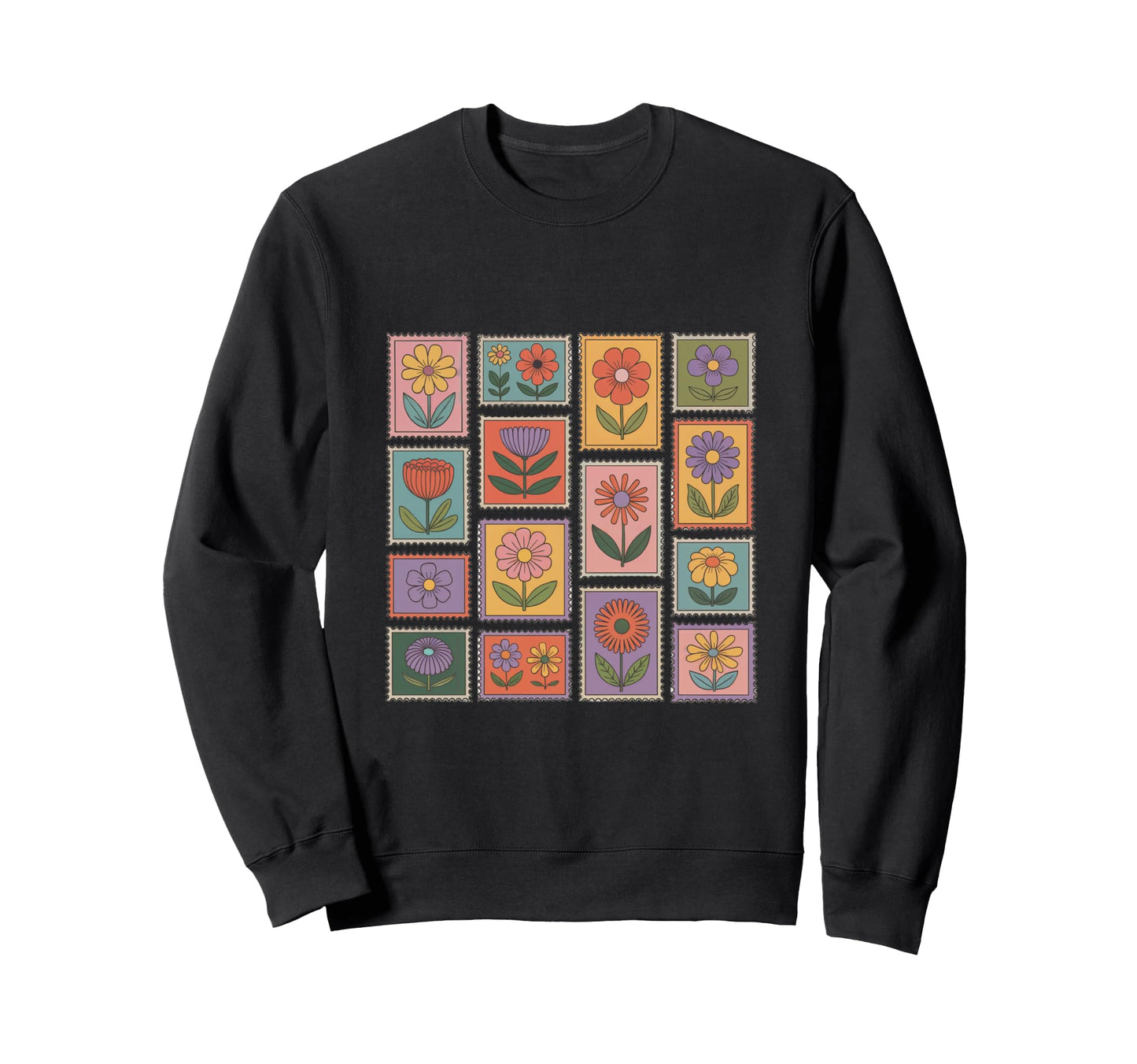 Postage Stamp Boho Flowers Sweatshirt - Casual Everyday Wear Men Women - T-Shirt, Sweatshirt, Hoodie