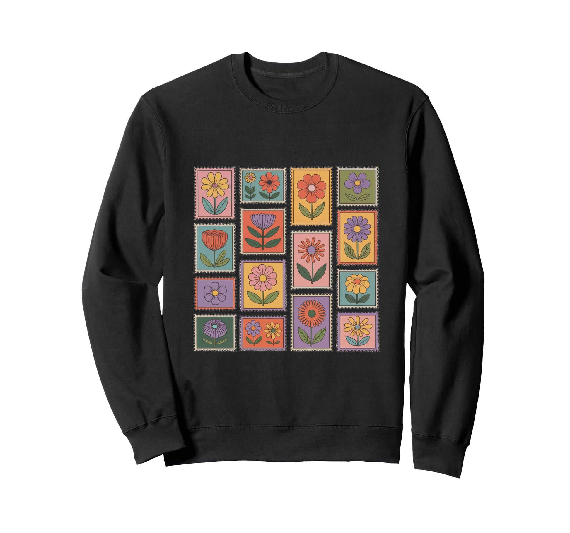 Postage Stamp Boho Flowers Sweatshirt - Casual Everyday Wear Men Women - T-Shirt, Sweatshirt, Hoodie