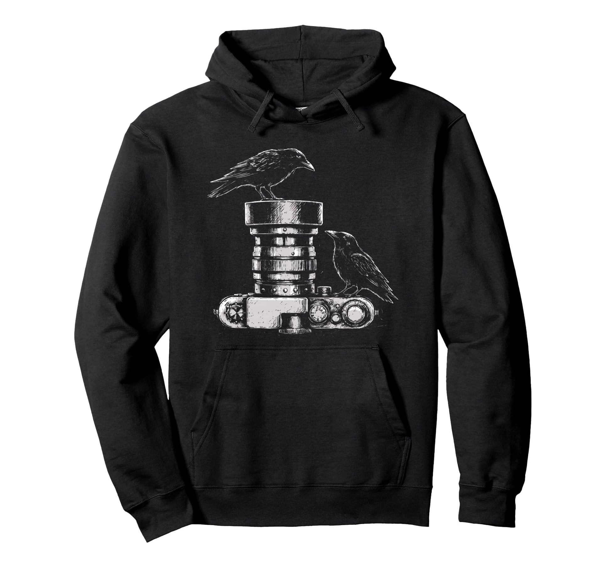 Photographer Raven Camera Lens Sketch Hoodie - Minimalist Print for Adults - T-Shirt, Sweatshirt, Hoodie