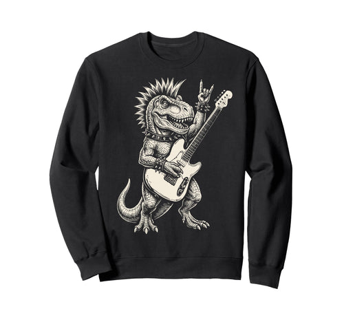 Funny T Rex Dino Playing Guitar Rock Sweatshirt - Minimalist Print Unisex - T-Shirt, Sweatshirt, Hoodie