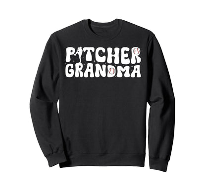 Baseball Pitcher Grandma Groovy Baseball Sweatshirt - Graphic Print Unisex - T-Shirt, Sweatshirt, Hoodie