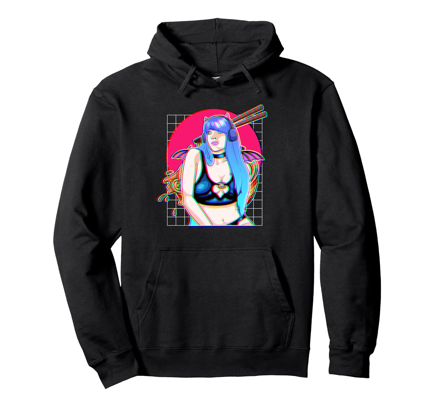 Vaporwave Anime Demon Horns Glitch Hoodie - Fun Novelty Design for Adults - T-Shirt, Sweatshirt, Hoodie