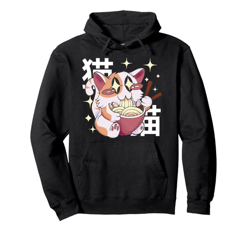 Happy Cat Eating Ramen Japan 80S Hoodie - Fun Novelty Design for Adults - T-Shirt, Sweatshirt, Hoodie
