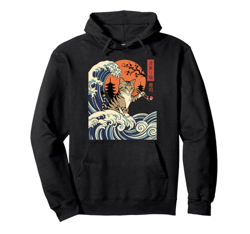 Japanese Wave Surfing Sushi Cat Ukiyo E Hoodie - Unique Graphic for Adults - T-Shirt, Sweatshirt, Hoodie