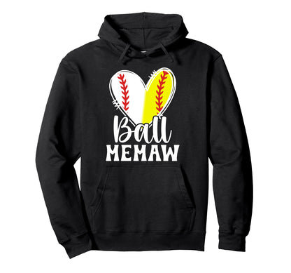 Ball Memaw Heart Baseball Softball Memaw Hoodie - Unique Graphic Men Women - T-Shirt, Sweatshirt, Hoodie