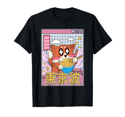 Happy Fox Eating Ramen Vaporwave T-Shirt - Fun Novelty Design Men Women - T-Shirt, Sweatshirt, Hoodie