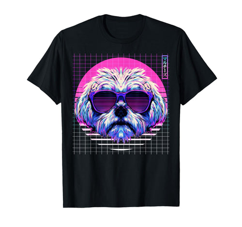 Maltese Sunglasses Dog Vaporwave T-Shirt - Minimalist Print Men Women - T-Shirt, Sweatshirt, Hoodie