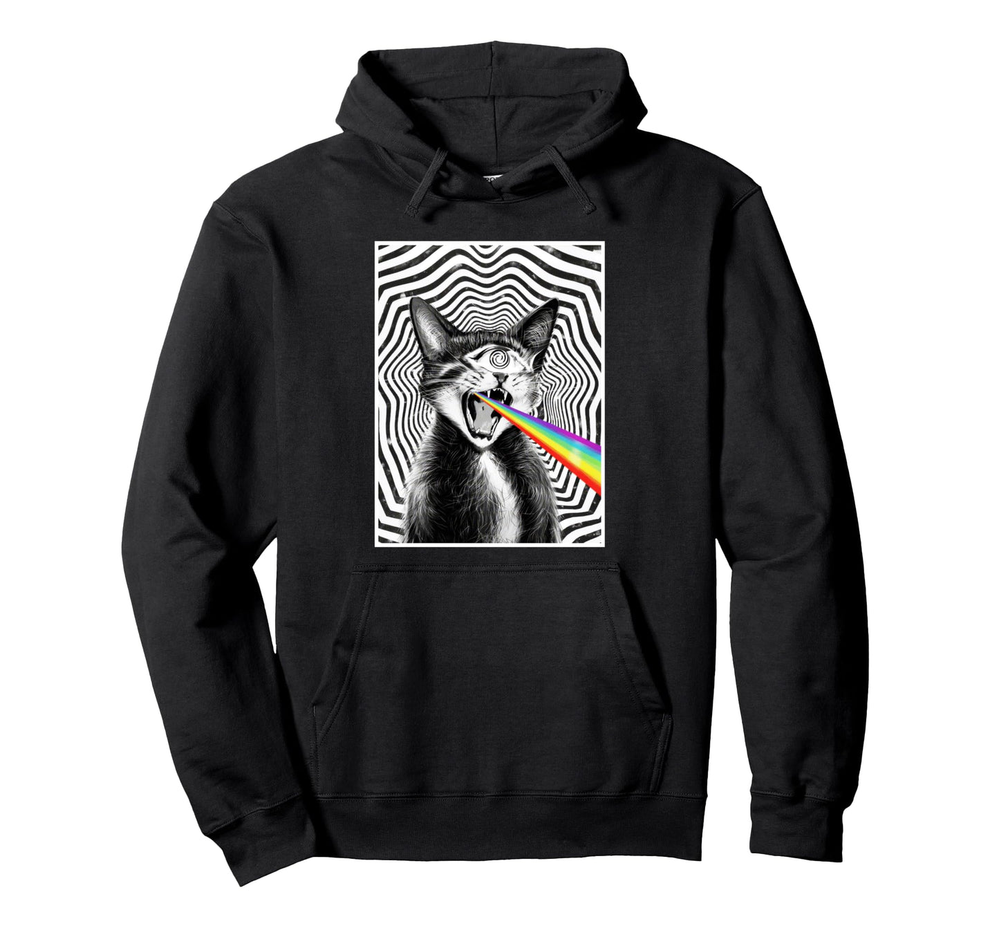 Trippy Cat Spiral Hypnotic Rainbow Black Hoodie - Unique Graphic Unisex - T-Shirt, Sweatshirt, Hoodie