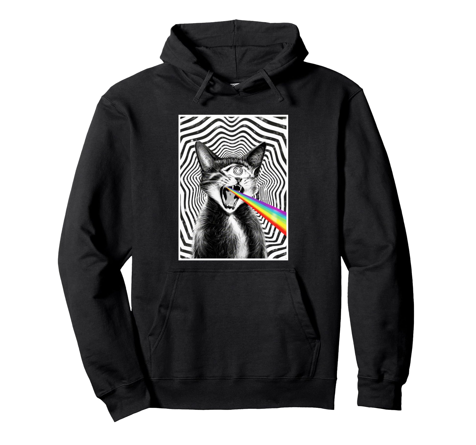Trippy Cat Spiral Hypnotic Rainbow Black Hoodie - Unique Graphic Unisex - T-Shirt, Sweatshirt, Hoodie