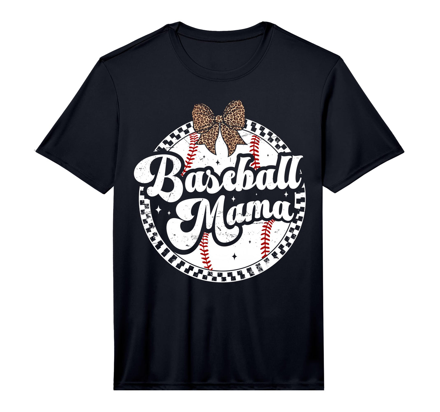 Baseball Mom Leopard Bow Checkered Mama T-Shirt - Novelty Apparel Unisex - T-Shirt, Sweatshirt, Hoodie