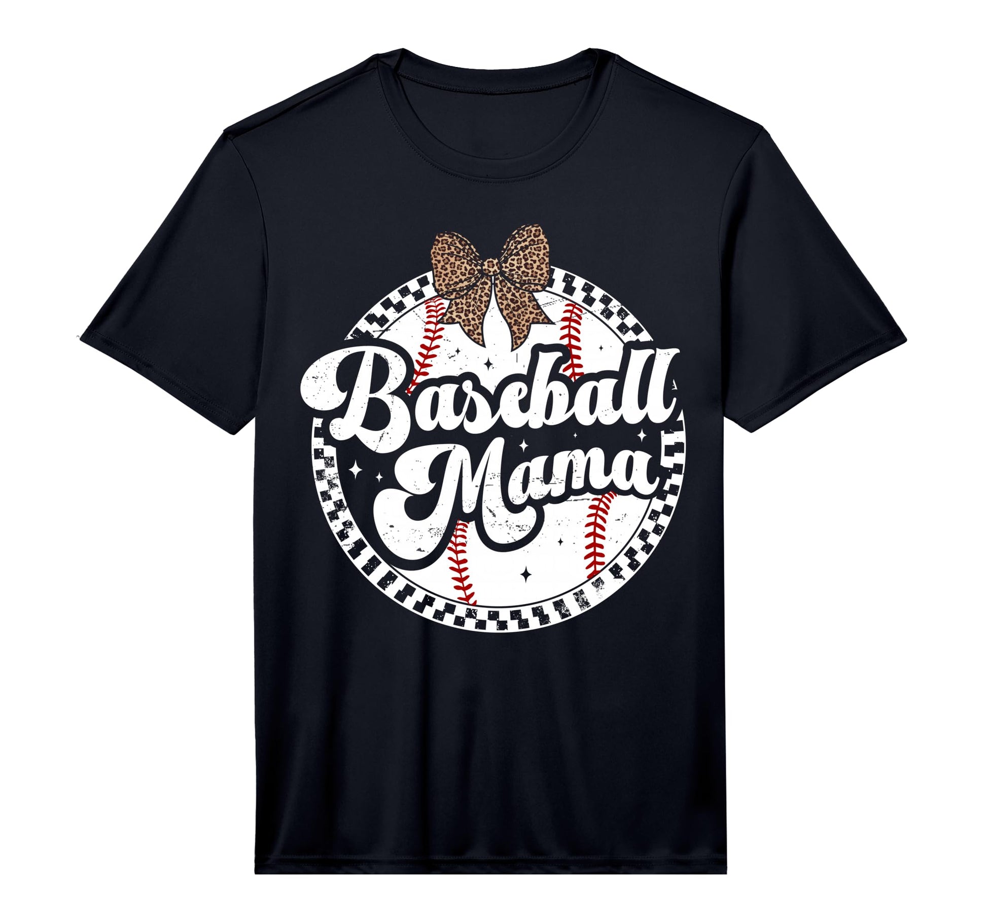 Baseball Mom Leopard Bow Checkered Mama T-Shirt - Novelty Apparel Unisex - T-Shirt, Sweatshirt, Hoodie