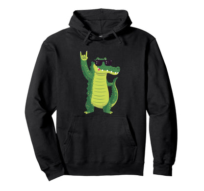 Funny Alligator Rock Cartoon Crocodile Hoodie - Unique Graphic Men Women - T-Shirt, Sweatshirt, Hoodie