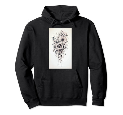 Boho Flowers Black And White Sketch Art Hoodie - Trendy Graphic for Adults - T-Shirt, Sweatshirt, Hoodie