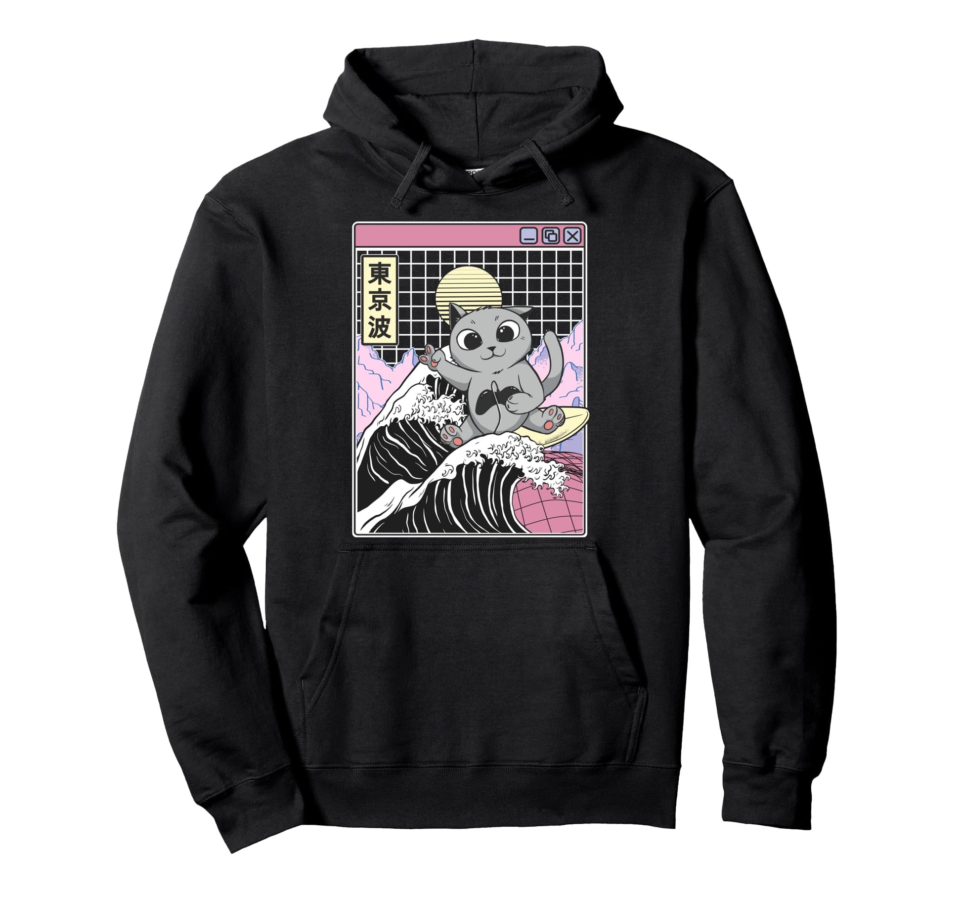 Gaming Cat Surfing Kanagawa Wave Kawaii Hoodie - Unique Graphic Unisex - T-Shirt, Sweatshirt, Hoodie