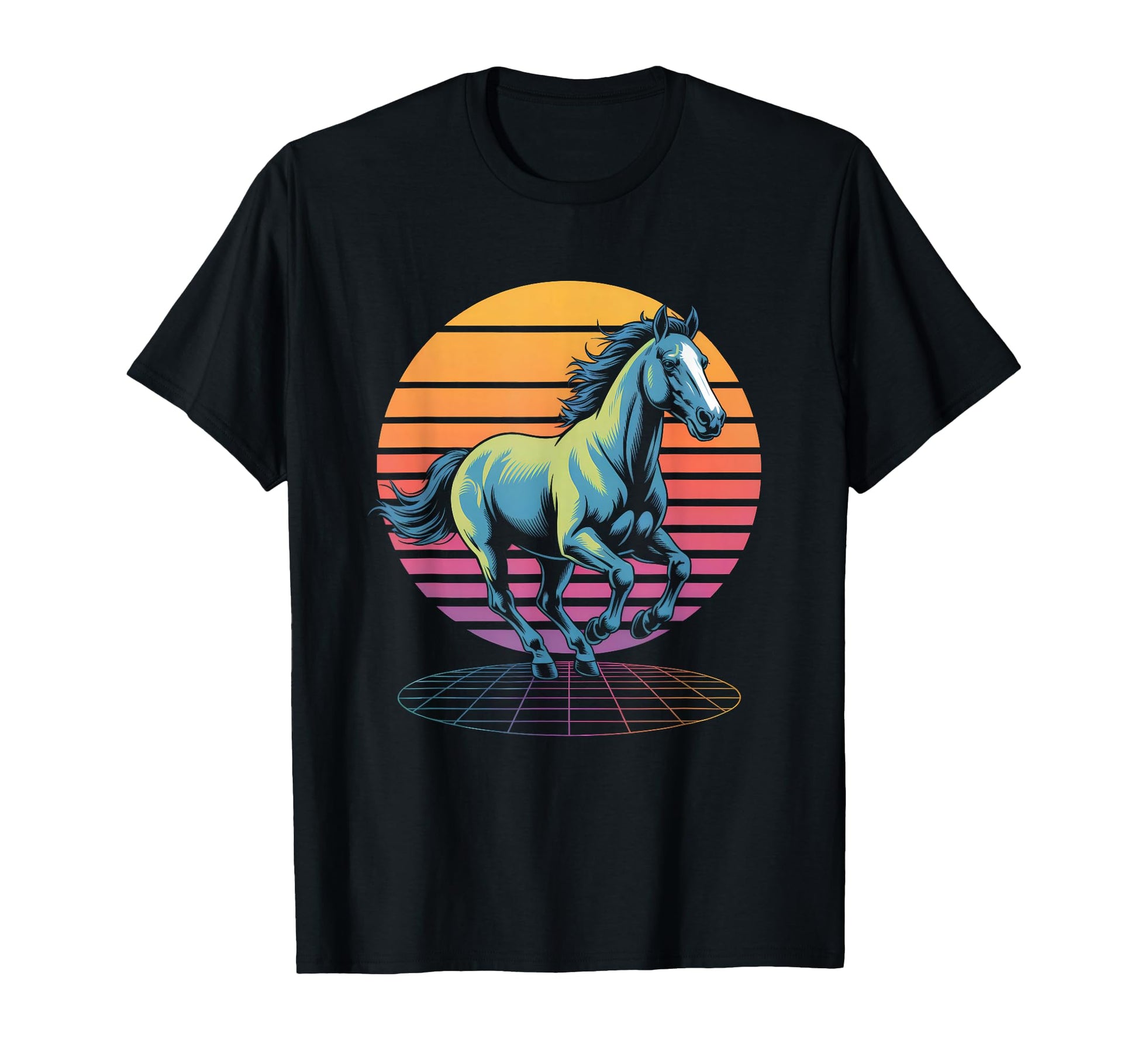 Synthwave Horse Sunset Grid Aesthetic T-Shirt - Minimalist Print Men Women - T-Shirt, Sweatshirt, Hoodie