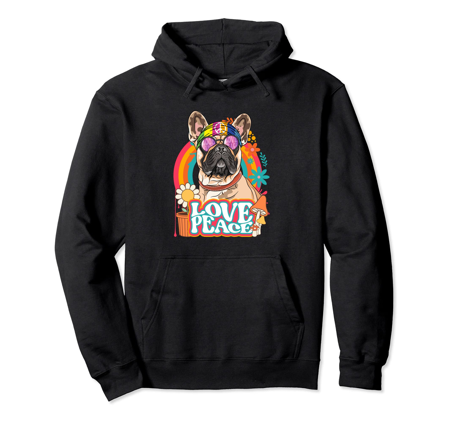 Hippie French Bulldog Dog 60S 70S Peace Hoodie - Custom Art Print Unisex - T-Shirt, Sweatshirt, Hoodie