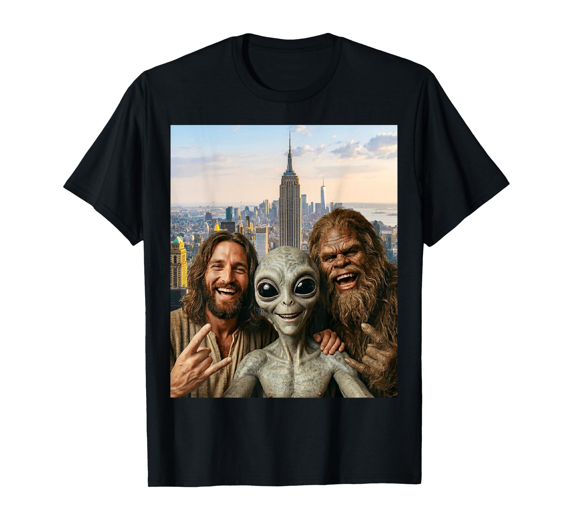 Funny Bigfoot Alien Jesus Rock Hand T-Shirt - Unique Graphic Men Women - T-Shirt, Sweatshirt, Hoodie