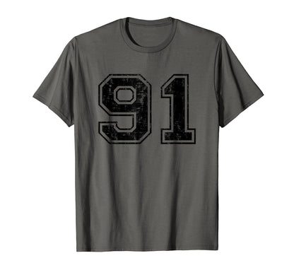 Number 91 Varsity Distressed Sport Team T-Shirt - Unique Graphic Unisex - T-Shirt, Sweatshirt, Hoodie