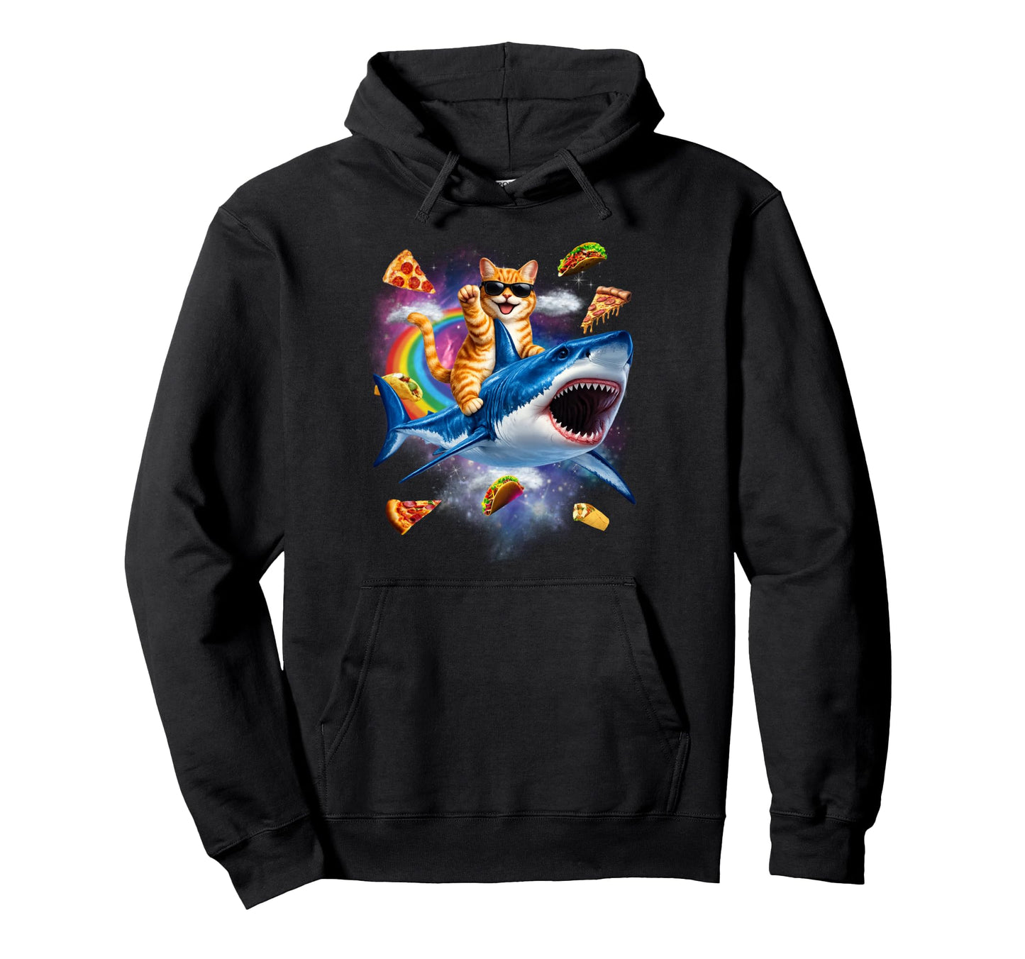Orange Cat Riding Shark Pizza Taco Hoodie - Fun Novelty Design for Adults - T-Shirt, Sweatshirt, Hoodie
