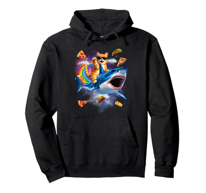 Orange Cat Riding Shark Pizza Taco Hoodie - Fun Novelty Design for Adults - T-Shirt, Sweatshirt, Hoodie