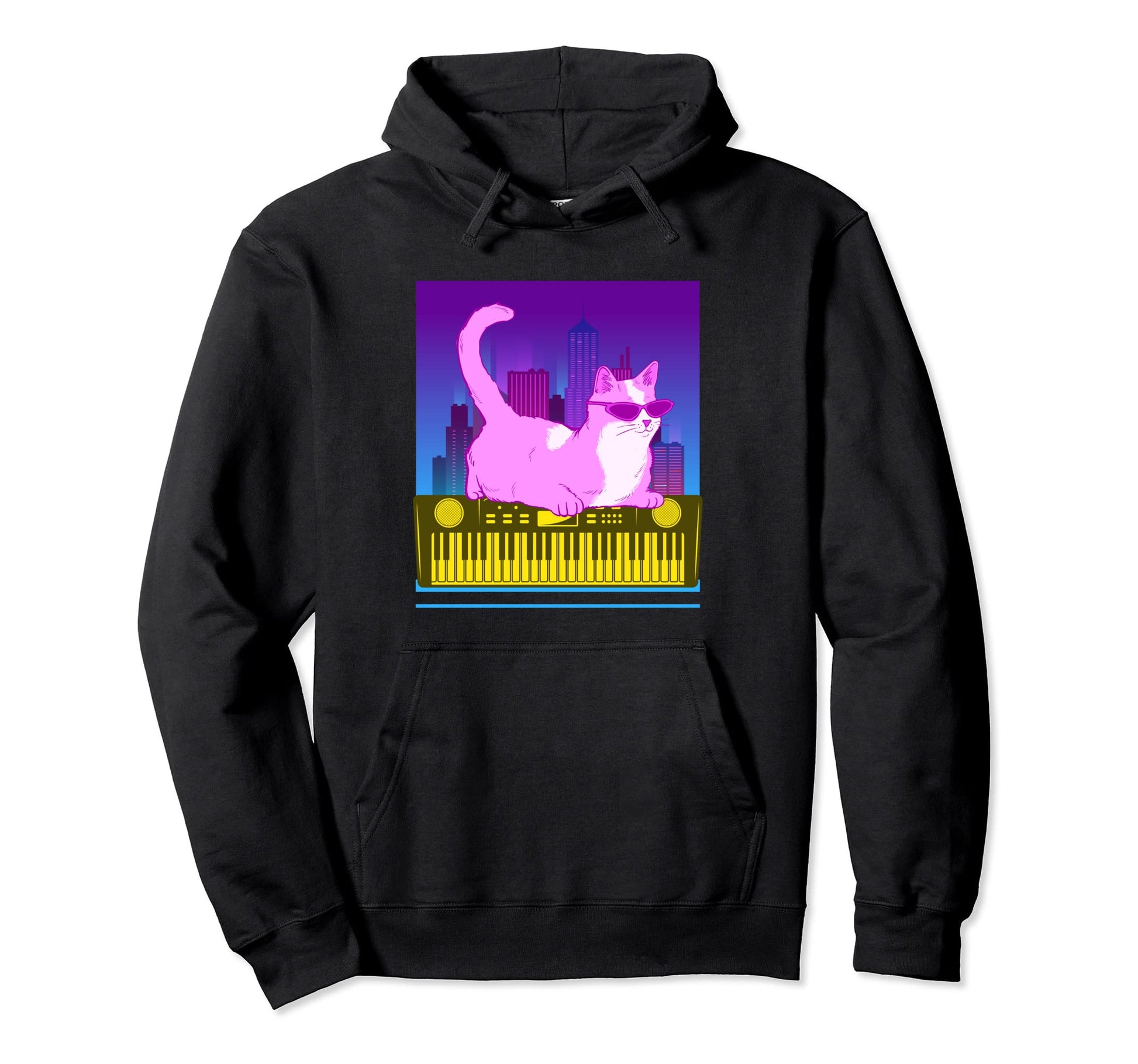 Synthesizer Cat Synth Vaporwave Hoodie - Novelty Apparel for Adults - T-Shirt, Sweatshirt, Hoodie
