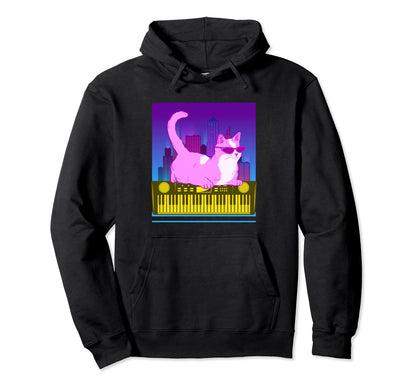 Synthesizer Cat Synth Vaporwave Hoodie - Novelty Apparel for Adults - T-Shirt, Sweatshirt, Hoodie