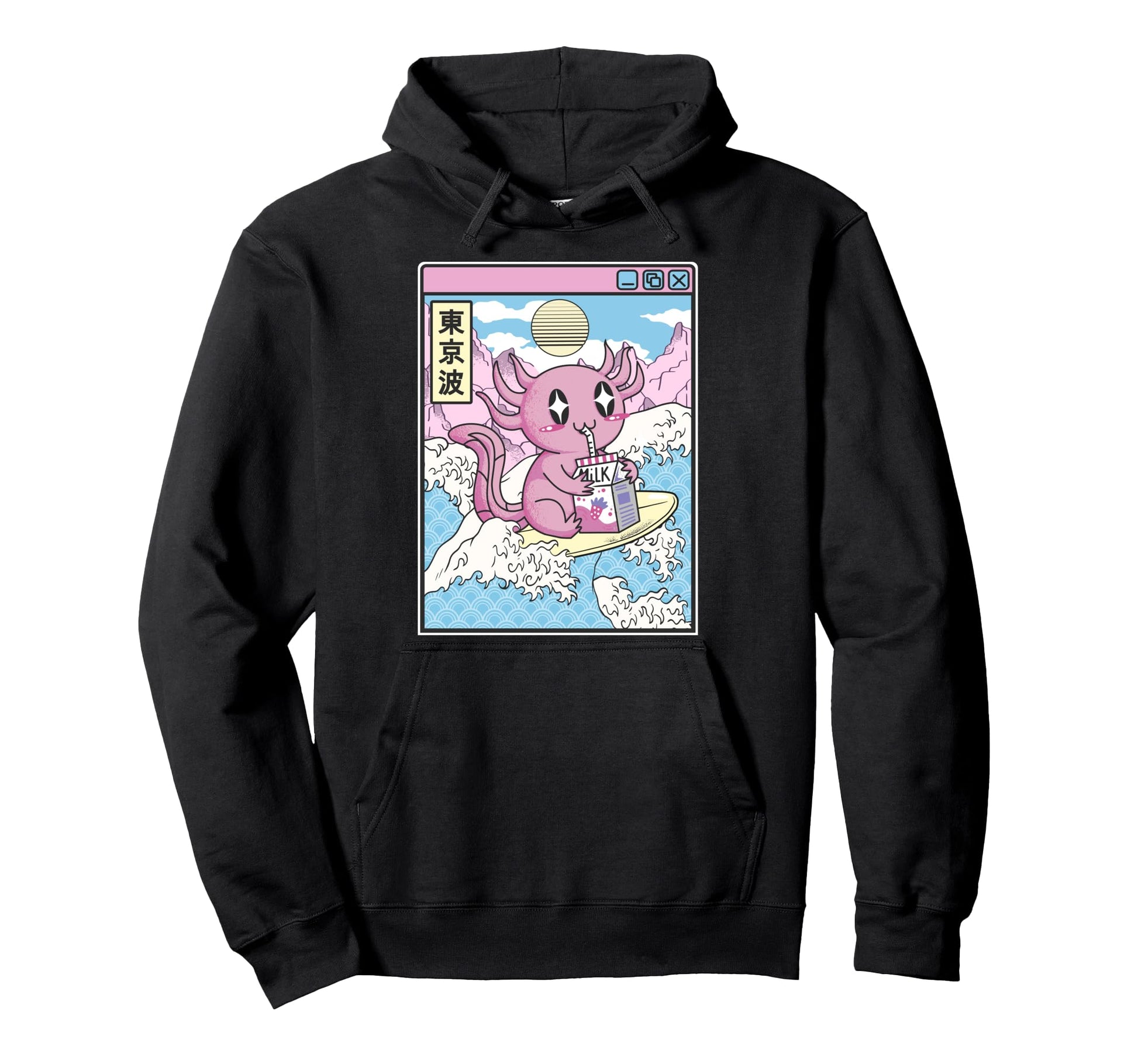 Surfing Axolotl Drinking Strawberry Milk Hoodie - Graphic Print Men Women - T-Shirt, Sweatshirt, Hoodie