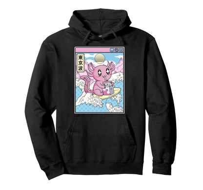 Surfing Axolotl Drinking Strawberry Milk Hoodie - Graphic Print Men Women - T-Shirt, Sweatshirt, Hoodie
