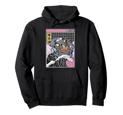 Kraken Eating Ramen Kanagawa Wave Hoodie - Aesthetic Graphic for Adults - T-Shirt, Sweatshirt, Hoodie
