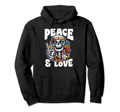 Peace Love 60 Skeleton Hippie Peace Hoodie - Aesthetic Graphic for Adults - T-Shirt, Sweatshirt, Hoodie