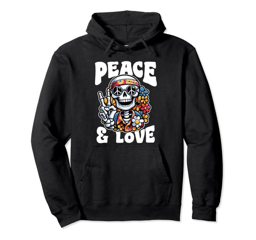 Peace Love 60 Skeleton Hippie Peace Hoodie - Aesthetic Graphic for Adults - T-Shirt, Sweatshirt, Hoodie
